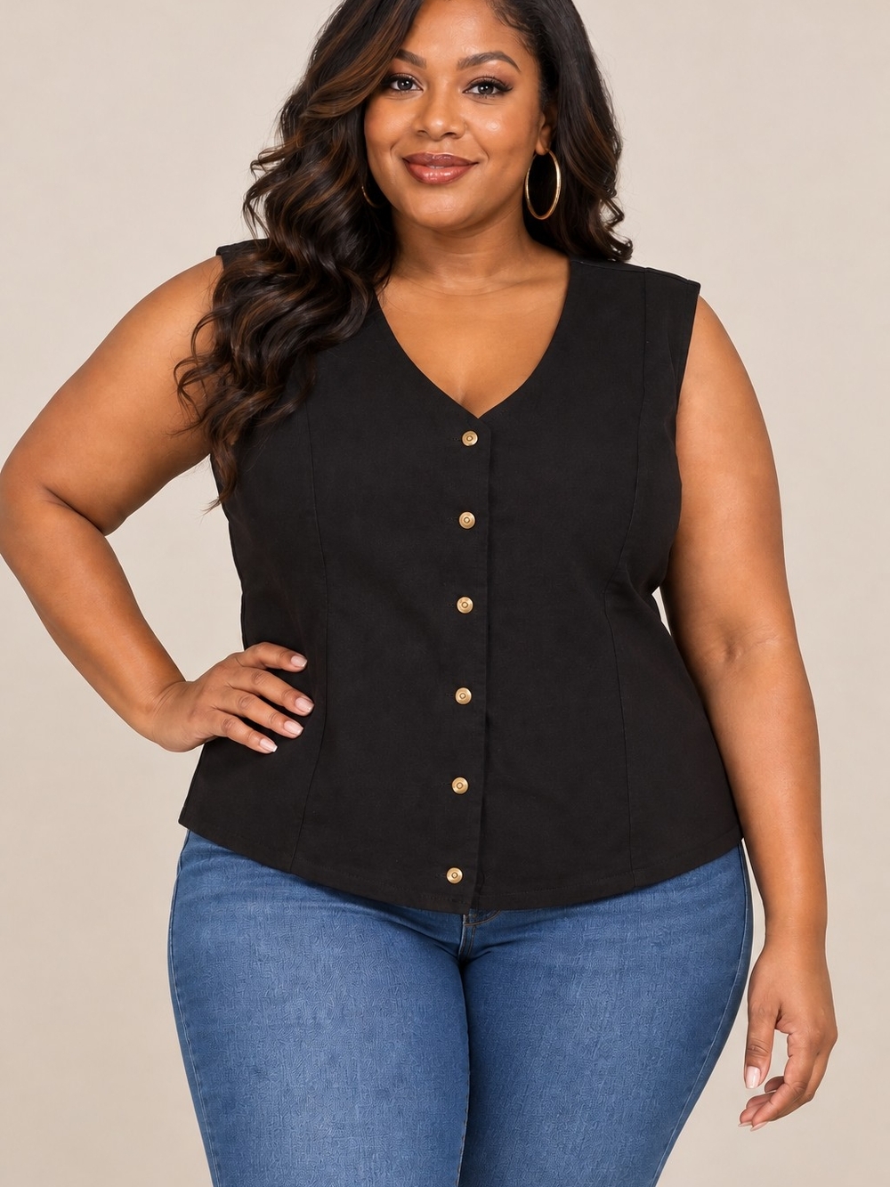 Lee Black Sleeveless Button-Front V-Neck Vest